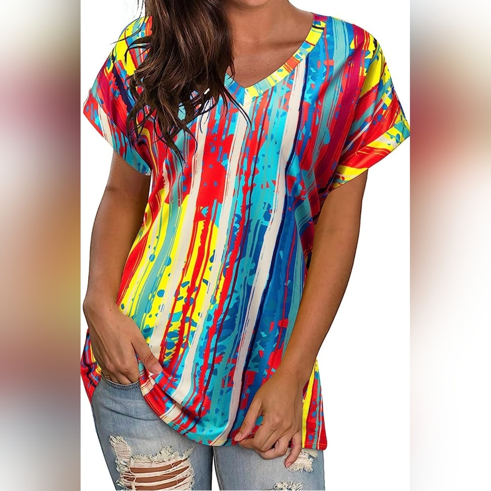 2/$35 GOOTUCH Tie Dye Short Sleeve V-Neck T-Shirt Casual Loose fit Blouse, L